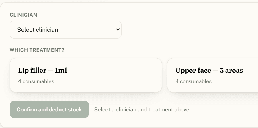 Log a treatment screen: pick the clinician and the treatment performed, and stock deducts itself