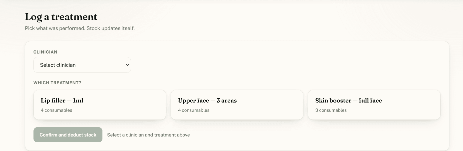 Log a treatment screen: pick the clinician and the treatment performed, and stock deducts itself